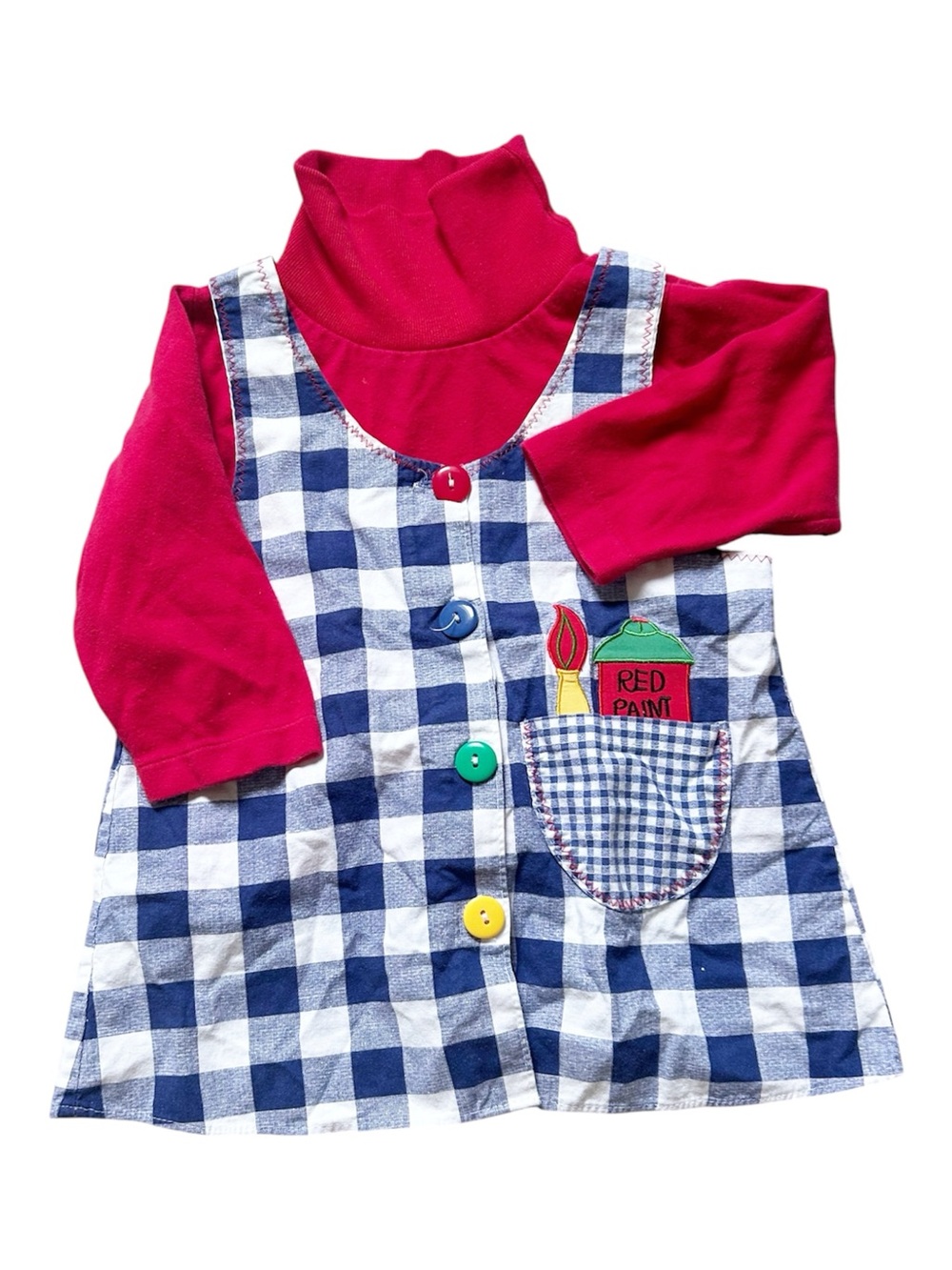 Vintage Red Turtleneck with Blue Checkered Pinafore Dress/Top 18 Months